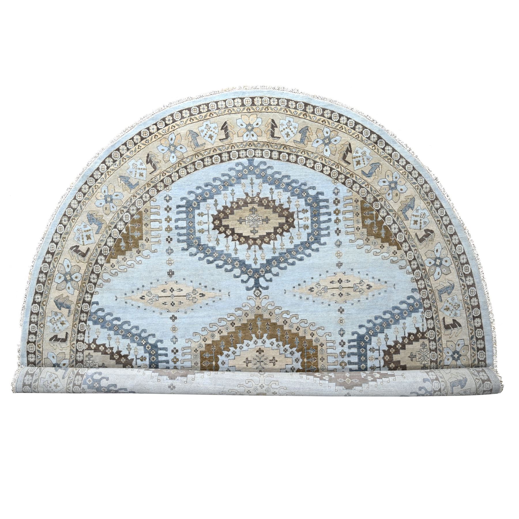 13'10"x13'10" Mist Gray, Hand Knotted, Persian Village Inspired Geometric Elements Design, Natural Dyes, Denser Weave, Pure Wool, Round, Oriental Rug HR10079