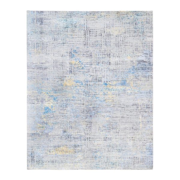 8'1"x10' Dark Gray with Touches of Blue and Yellow Modern Wool And Silk Hand Knotted Oriental Rug HR62405