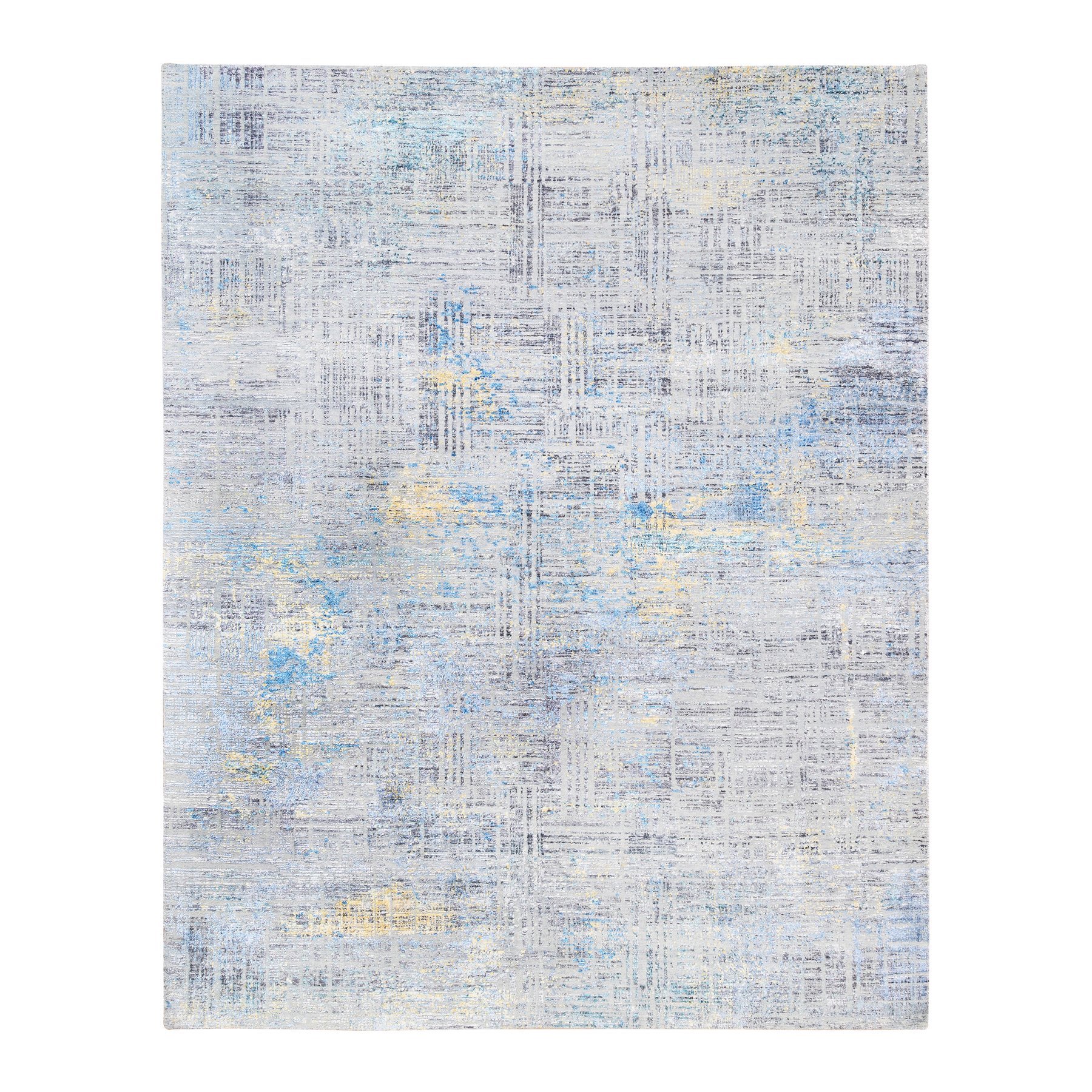 8'1"x10' Dark Gray with Touches of Blue and Yellow Modern Wool And Silk Hand Knotted Oriental Rug HR62405