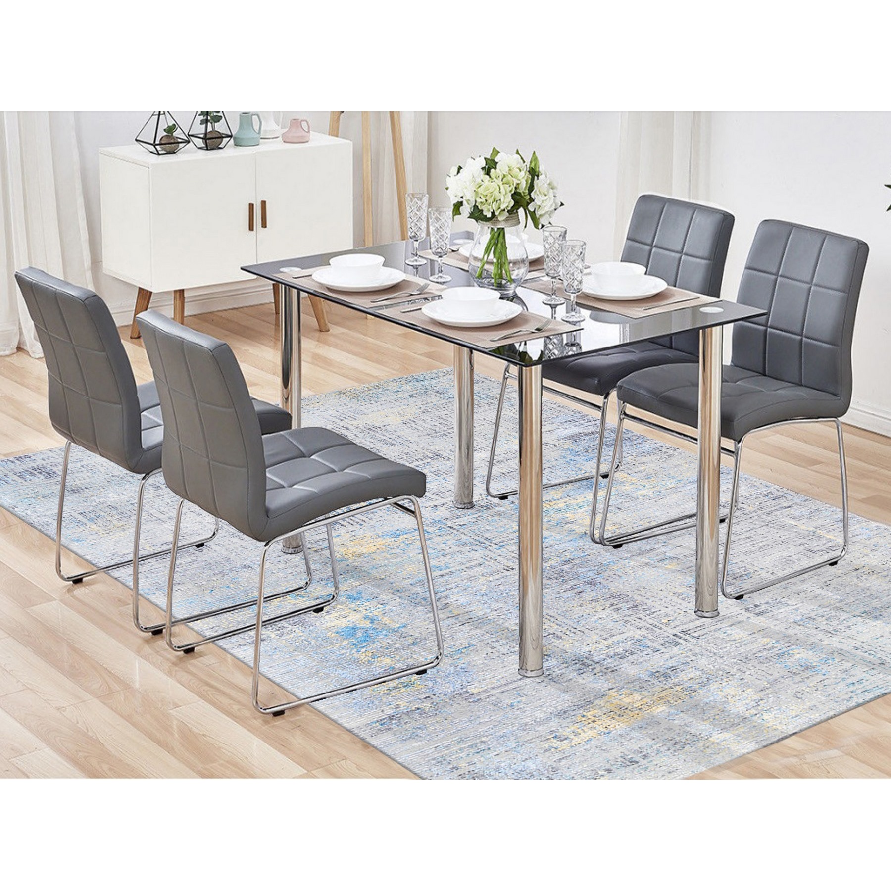 8'1"x10' Dark Gray with Touches of Blue and Yellow Modern Wool And Silk Hand Knotted Oriental Rug HR62405 - Image 2