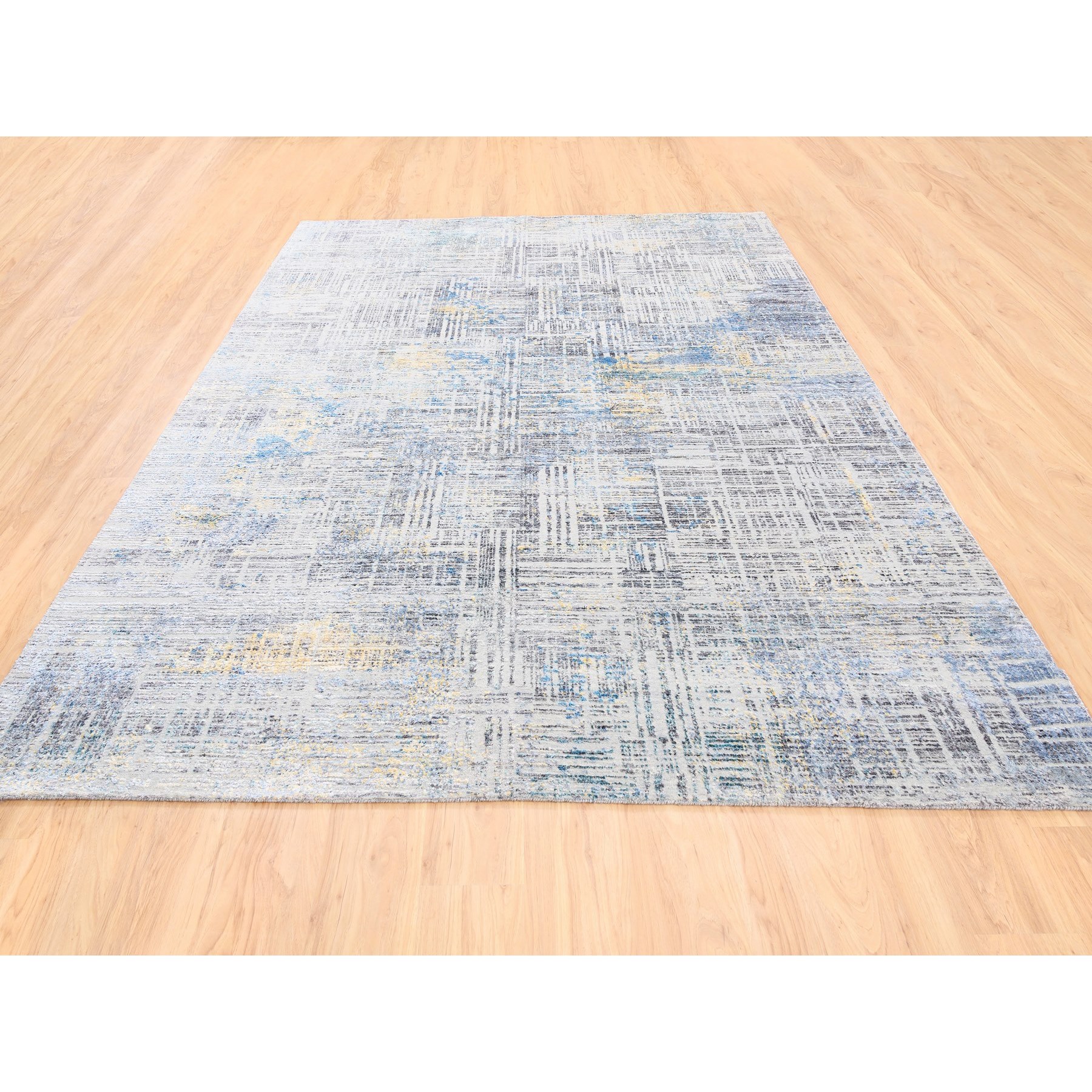 8'1"x10' Dark Gray with Touches of Blue and Yellow Modern Wool And Silk Hand Knotted Oriental Rug HR62405 - Image 3
