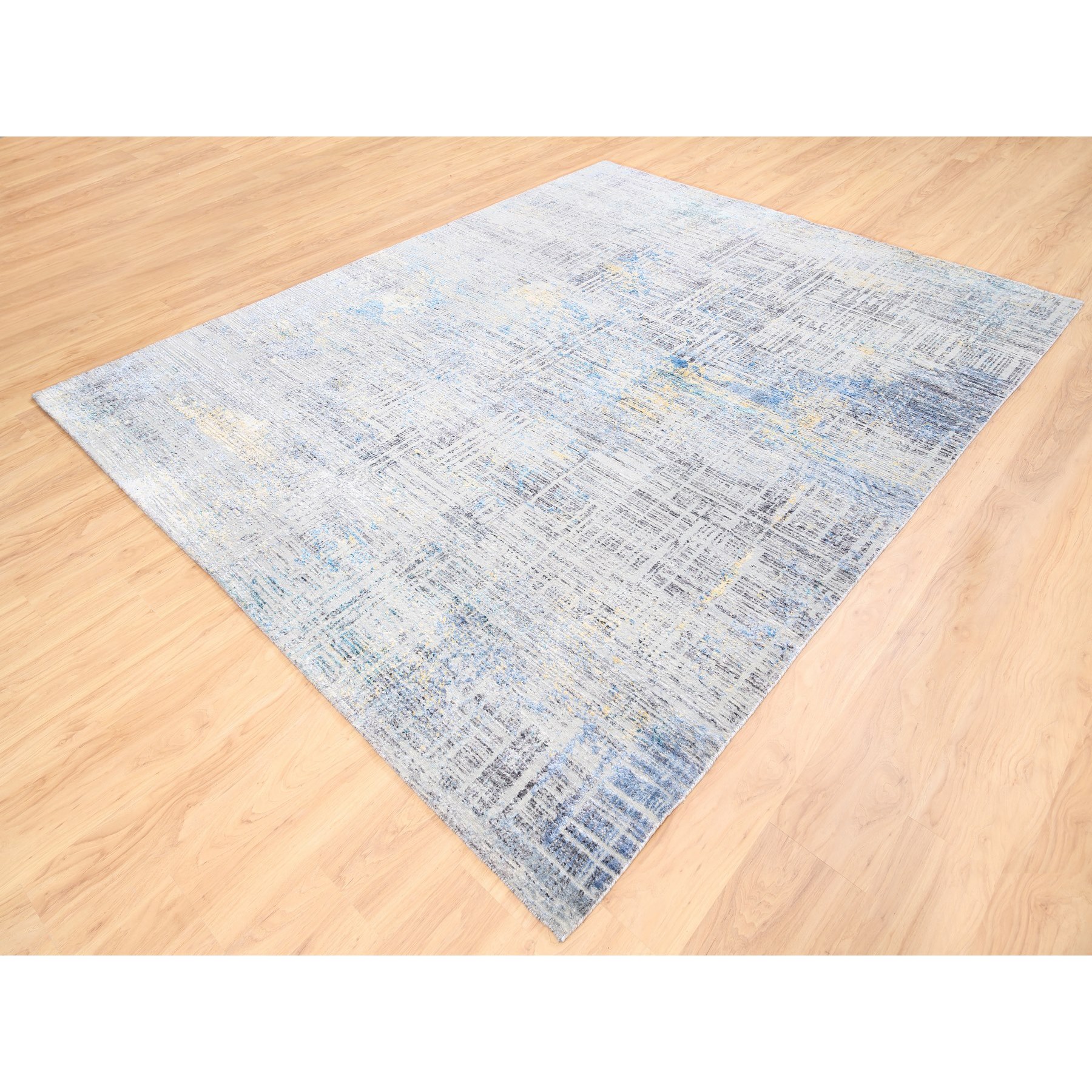 8'1"x10' Dark Gray with Touches of Blue and Yellow Modern Wool And Silk Hand Knotted Oriental Rug HR62405 - Image 4