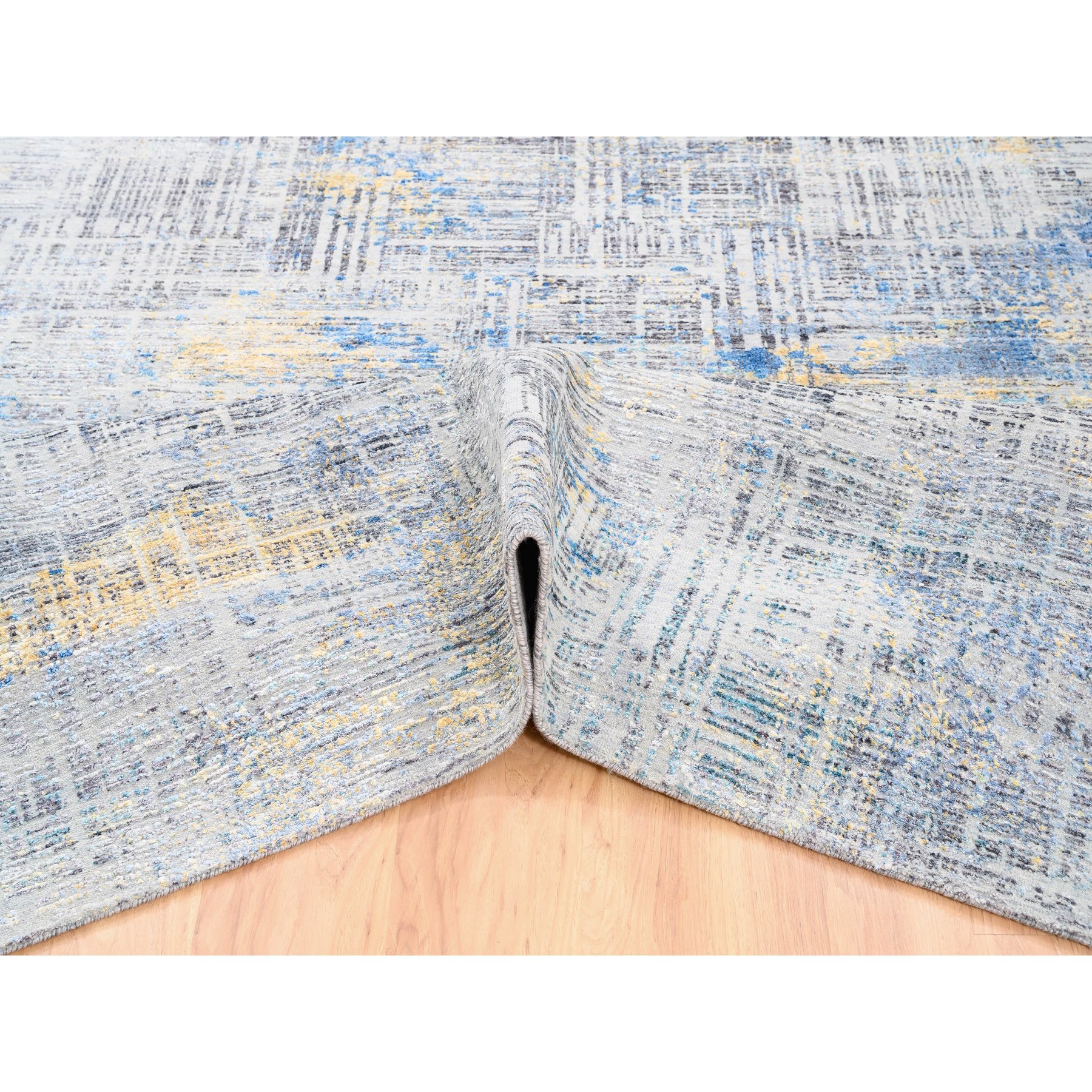 8'1"x10' Dark Gray with Touches of Blue and Yellow Modern Wool And Silk Hand Knotted Oriental Rug HR62405 - Image 6