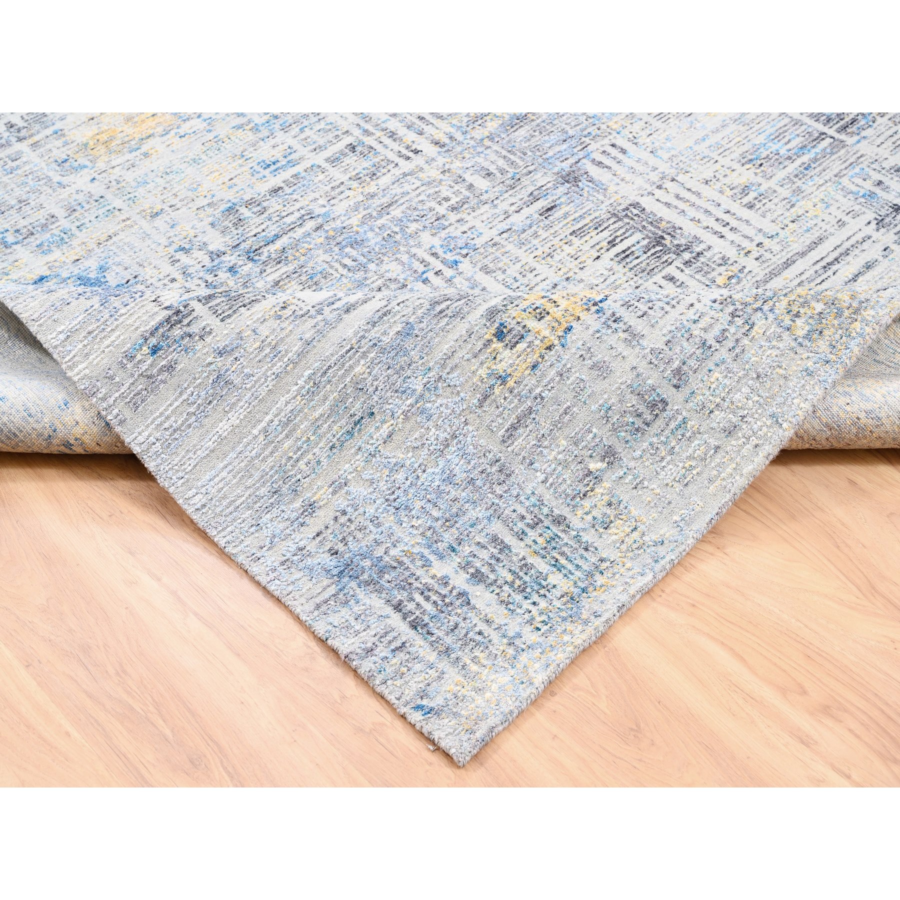8'1"x10' Dark Gray with Touches of Blue and Yellow Modern Wool And Silk Hand Knotted Oriental Rug HR62405 - Image 7
