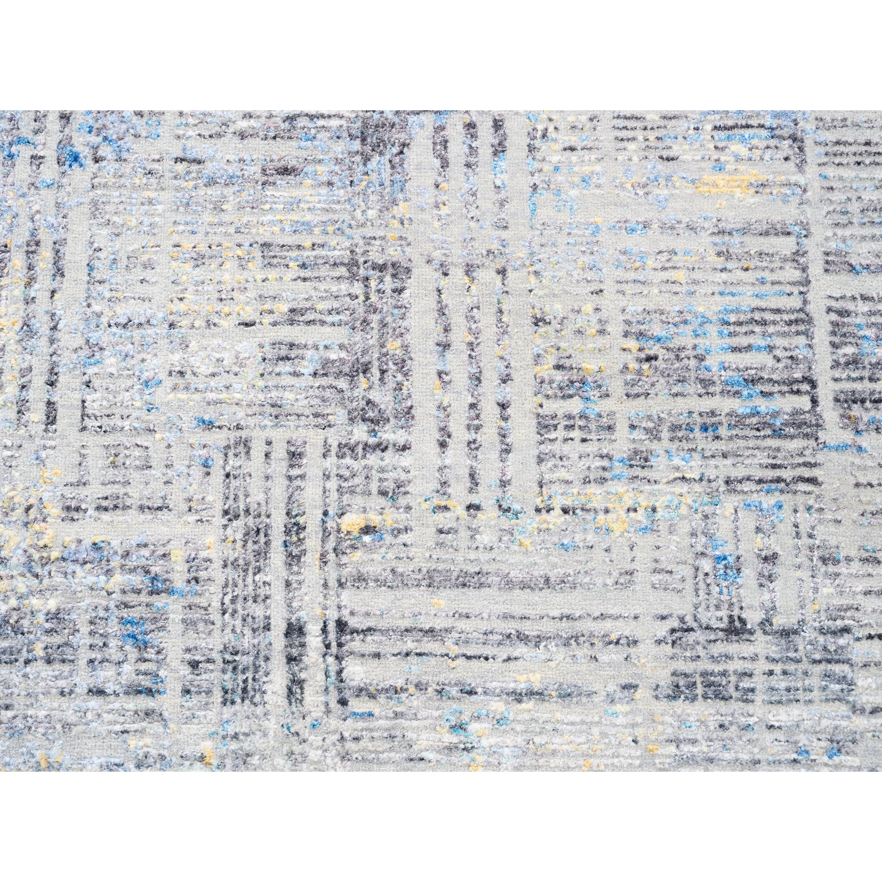 8'1"x10' Dark Gray with Touches of Blue and Yellow Modern Wool And Silk Hand Knotted Oriental Rug HR62405 - Image 9