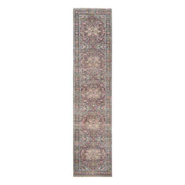 2'6"x11'9" Rosewood Red with Gainsboro, Heriz Revival, Extra Soft Wool, Soft and Vibrant Pile, Hand Knotted, Runner Oriental Rug HR65849