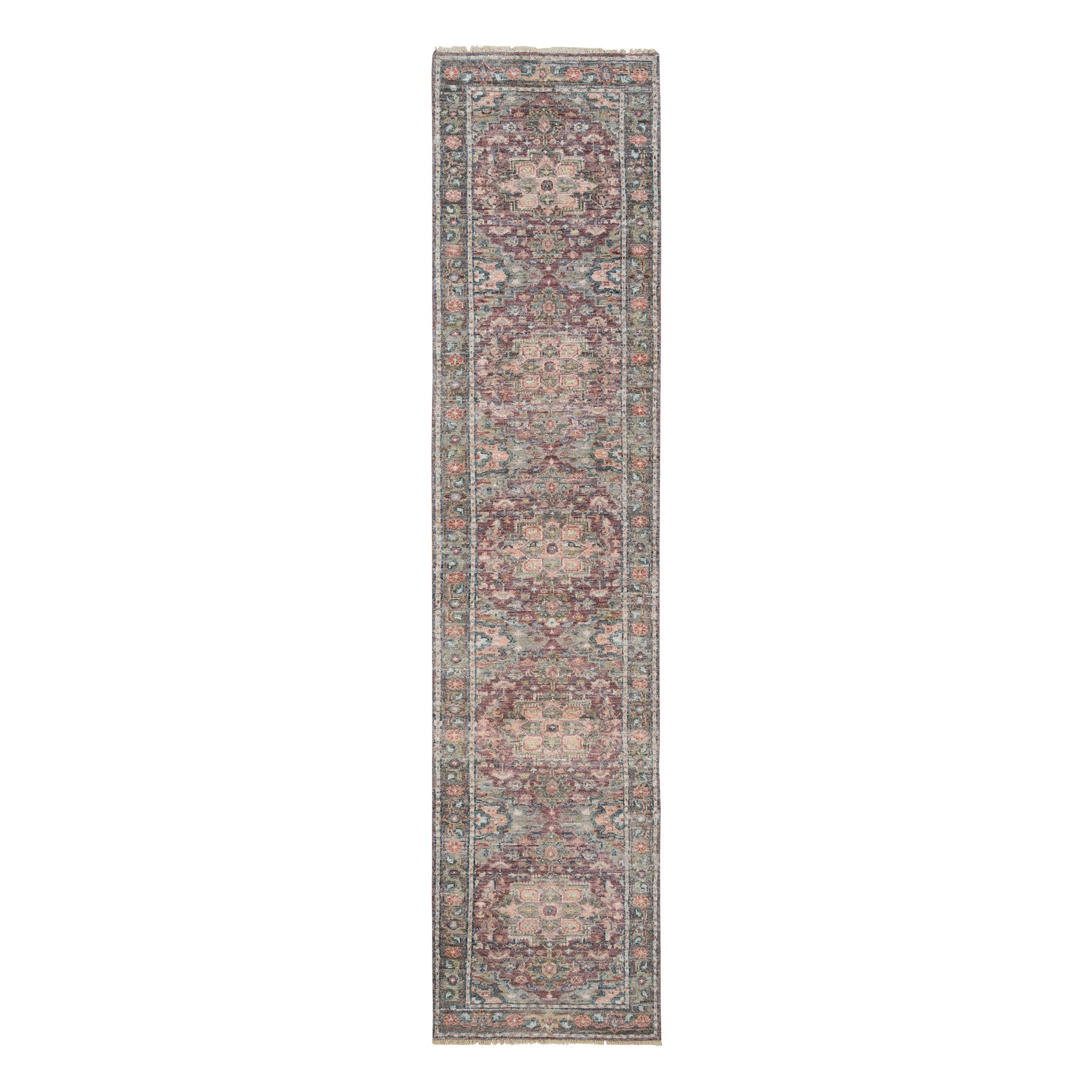 2'6"x11'9" Rosewood Red with Gainsboro, Heriz Revival, Extra Soft Wool, Soft and Vibrant Pile, Hand Knotted, Runner Oriental Rug HR65849