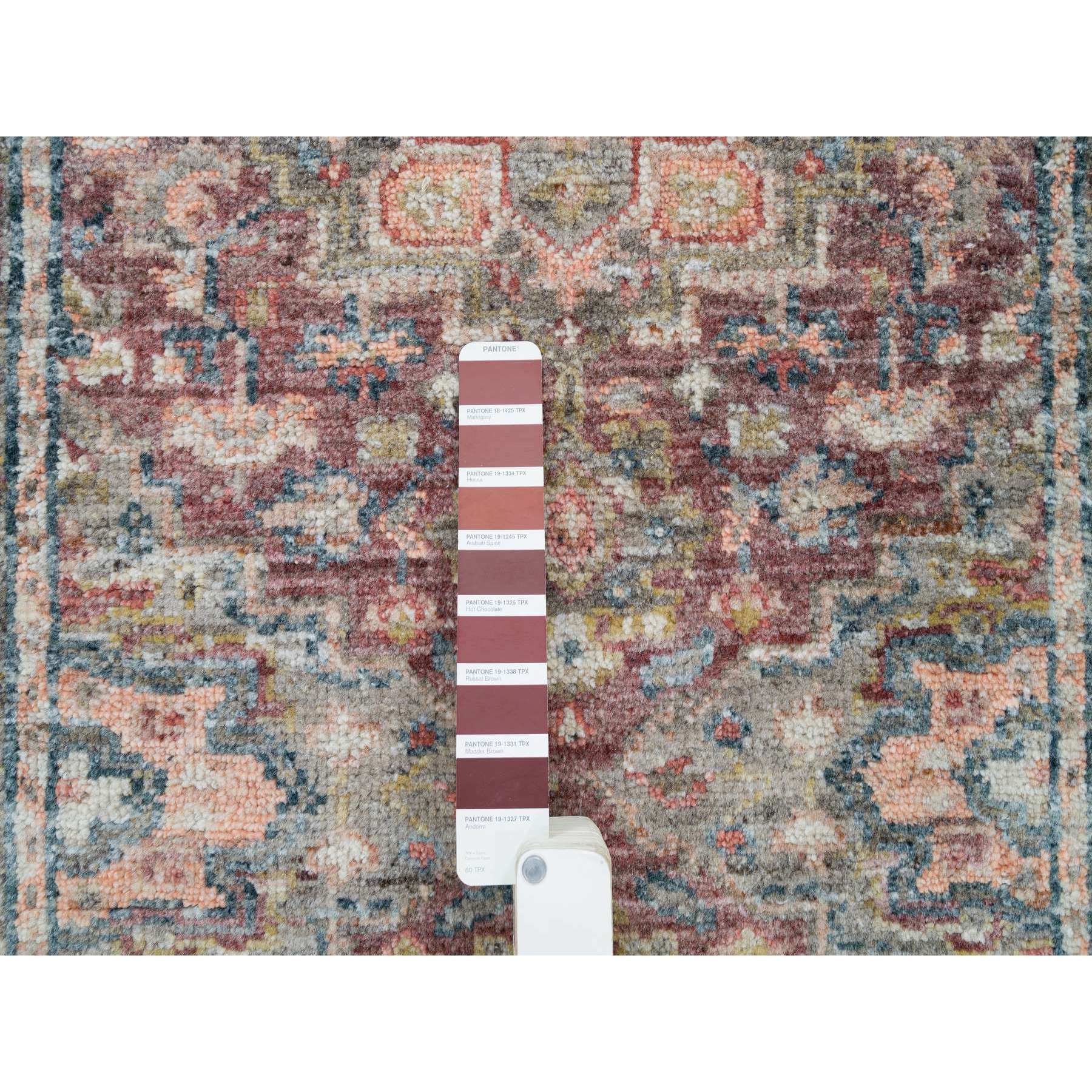 2'6"x11'9" Rosewood Red with Gainsboro, Heriz Revival, Extra Soft Wool, Soft and Vibrant Pile, Hand Knotted, Runner Oriental Rug HR65849 - Image 4