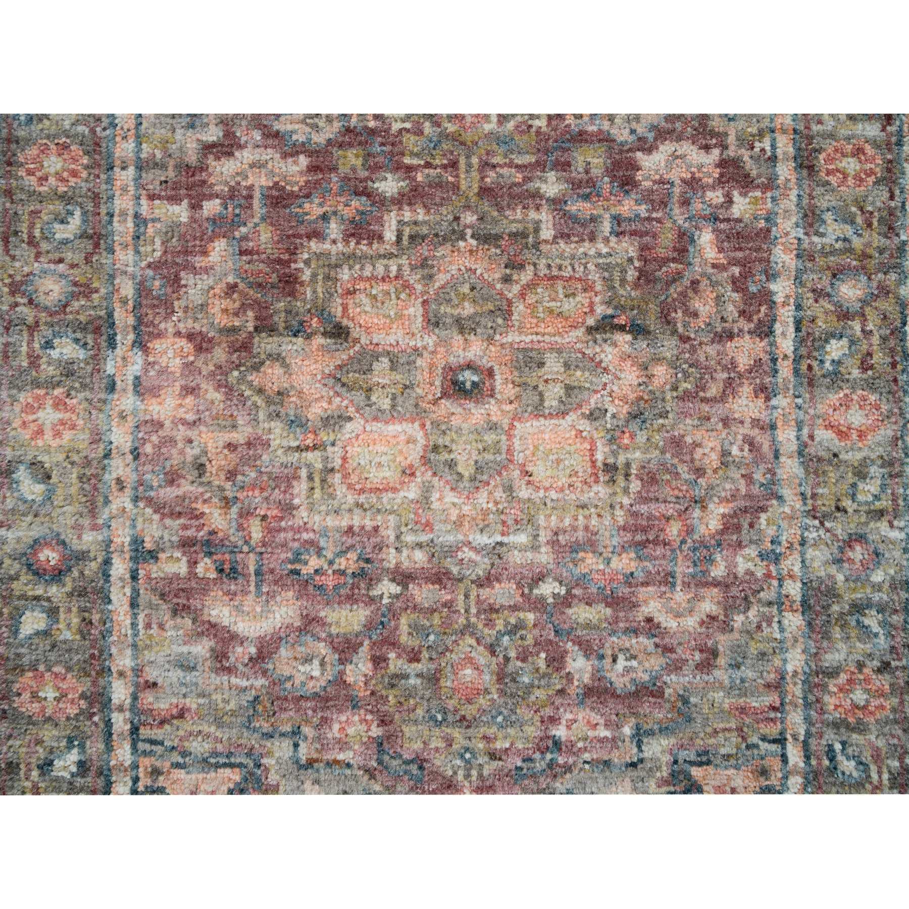 2'6"x11'9" Rosewood Red with Gainsboro, Heriz Revival, Extra Soft Wool, Soft and Vibrant Pile, Hand Knotted, Runner Oriental Rug HR65849 - Image 5