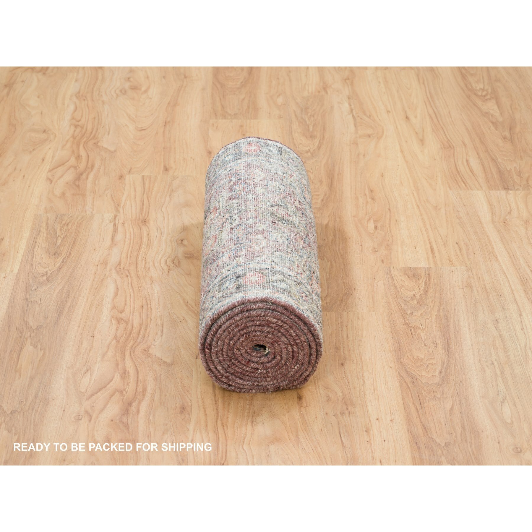 2'6"x11'9" Rosewood Red with Gainsboro, Heriz Revival, Extra Soft Wool, Soft and Vibrant Pile, Hand Knotted, Runner Oriental Rug HR65849 - Image 6