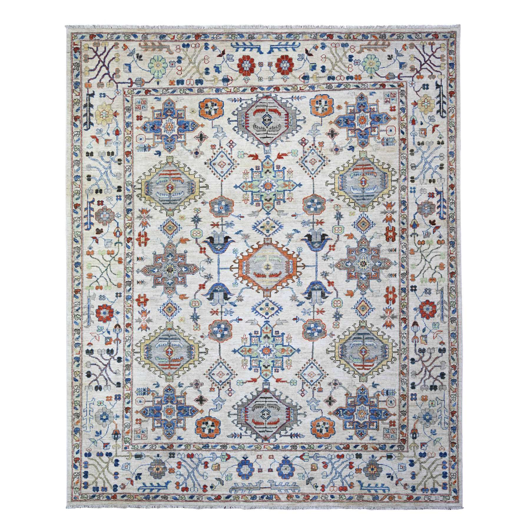 8'x9'8" Platinum Gray, Karajeh with All Over Geometric Design, Soft to the Touch Pile, Hand Knotted, Pure Wool, Oriental Rug HR74611