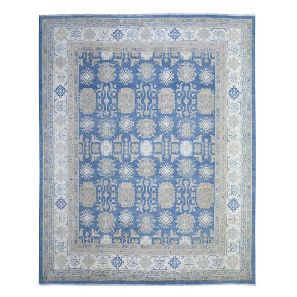 7'8"x9'7" Bayern Blue, Soft and Vibrant Wool, Vegetable Dyes, Vintage Look Kazak with Geometric Elements, Hand Knotted, Oriental Rug HR74725