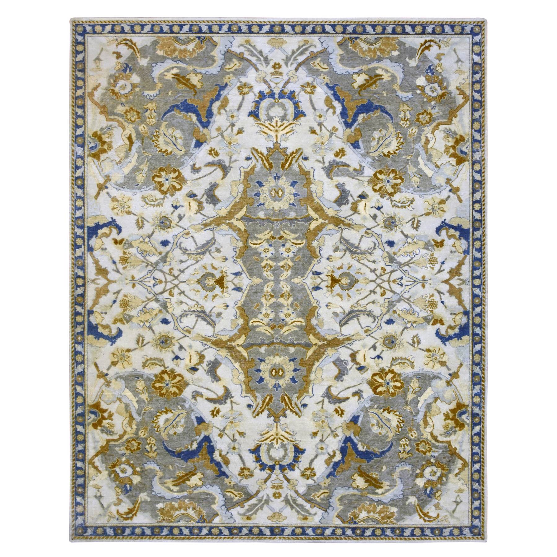 8'1"x10'2" Snow Ivory, Polonaise Czartoryski with Persian Isphahan Inspired Design Distinct Abrash, Hand Knotted, Zero Pile 100% Wool, Oriental Rug HR75472