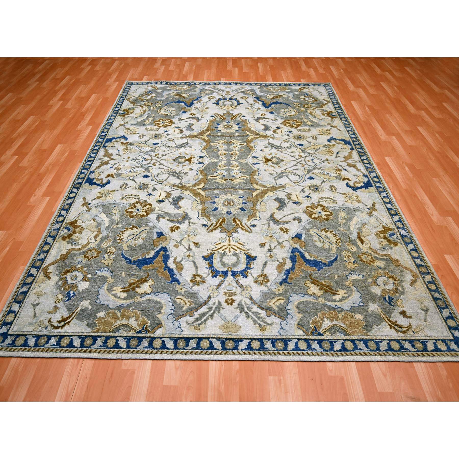 8'1"x10'2" Snow Ivory, Polonaise Czartoryski with Persian Isphahan Inspired Design Distinct Abrash, Hand Knotted, Zero Pile 100% Wool, Oriental Rug HR75472 - Image 2