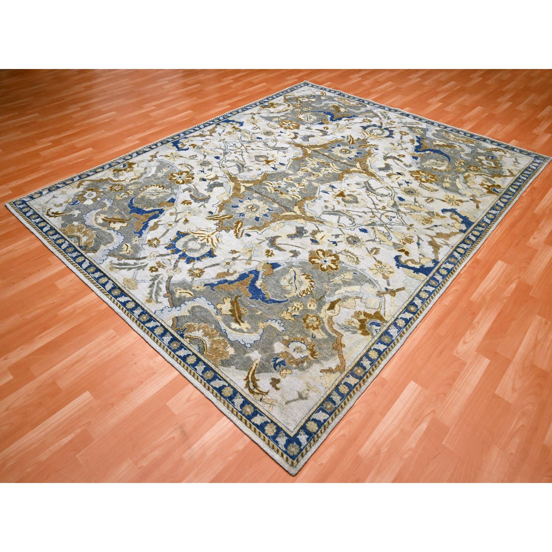 8'1"x10'2" Snow Ivory, Polonaise Czartoryski with Persian Isphahan Inspired Design Distinct Abrash, Hand Knotted, Zero Pile 100% Wool, Oriental Rug HR75472 - Image 3