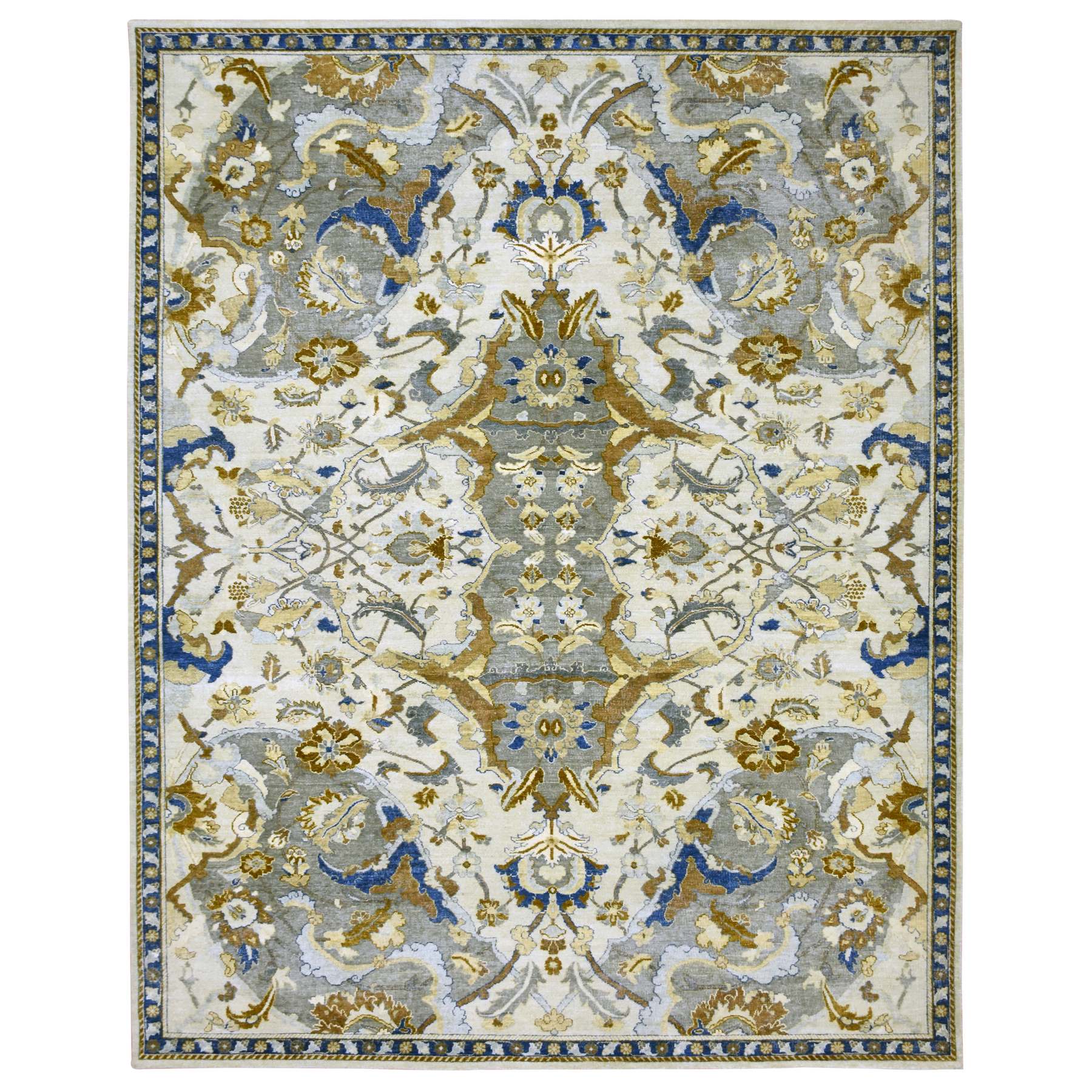 12'x15'5" Powder White, Polonaise Czartoryski with Persian Isphahan Inspired Design, 100% Wool, Distinct Abrash, Hand Knotted, Zero Pile, Oversized, Oriental Rug HR75474
