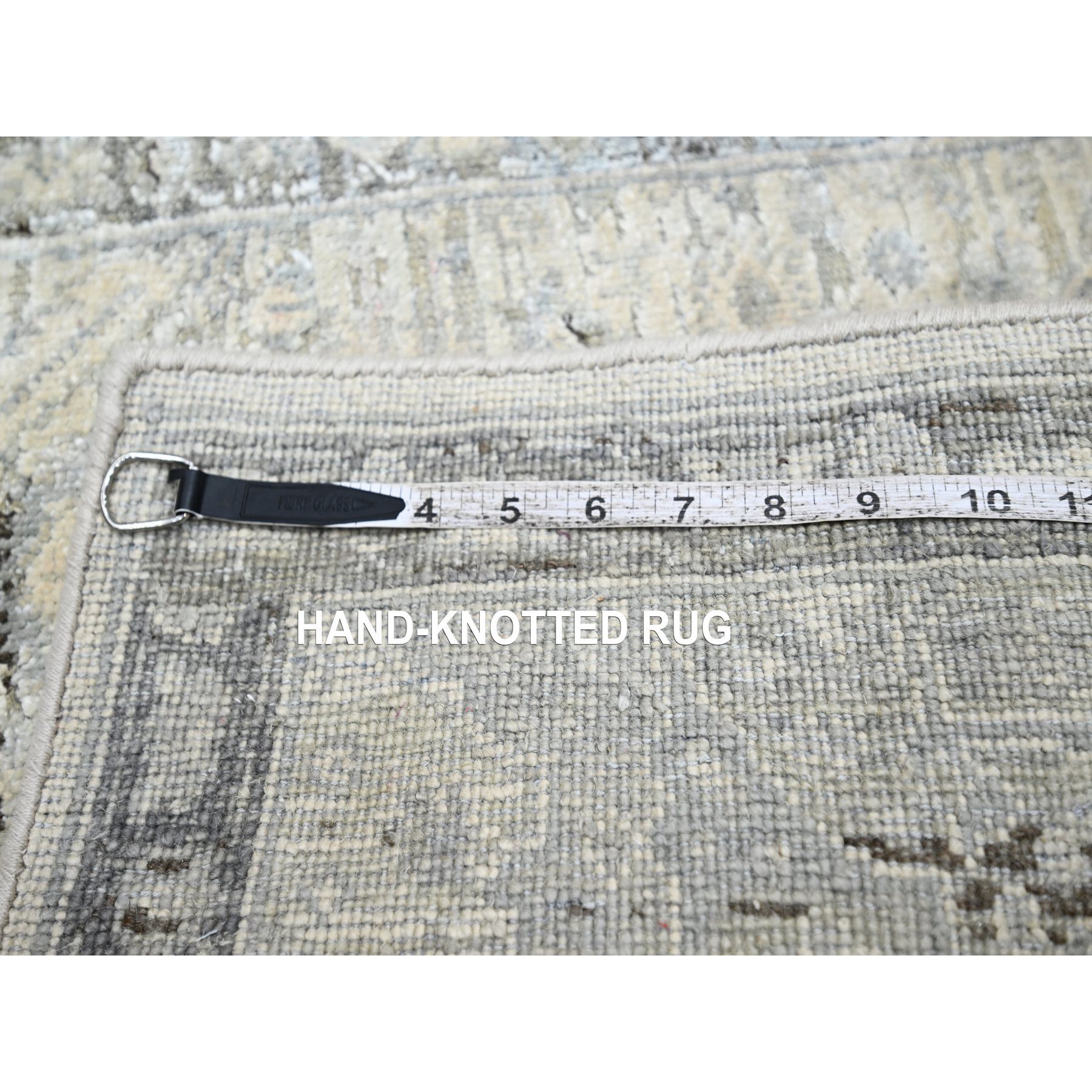 2'1"x3' Pearl White, Oushak with Geometric Motif, Hand Knotted, Pure Silk and Textured Wool, Mat, Oriental Rug HR75483 - Image 4