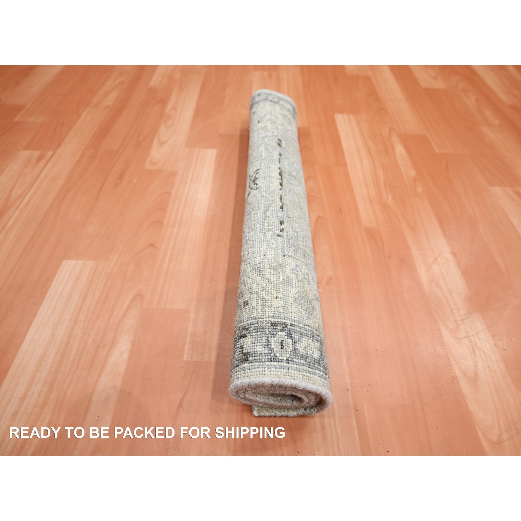 2'1"x3' Pearl White, Oushak with Geometric Motif, Hand Knotted, Pure Silk and Textured Wool, Mat, Oriental Rug HR75483 - Image 5