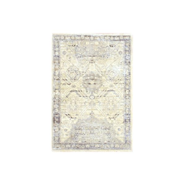 2'1"x3' Eggshell White, Hand Knotted, Pure Silk and Textured Wool, Oushak with Geometric Motif, Mat, Oriental Rug HR75484