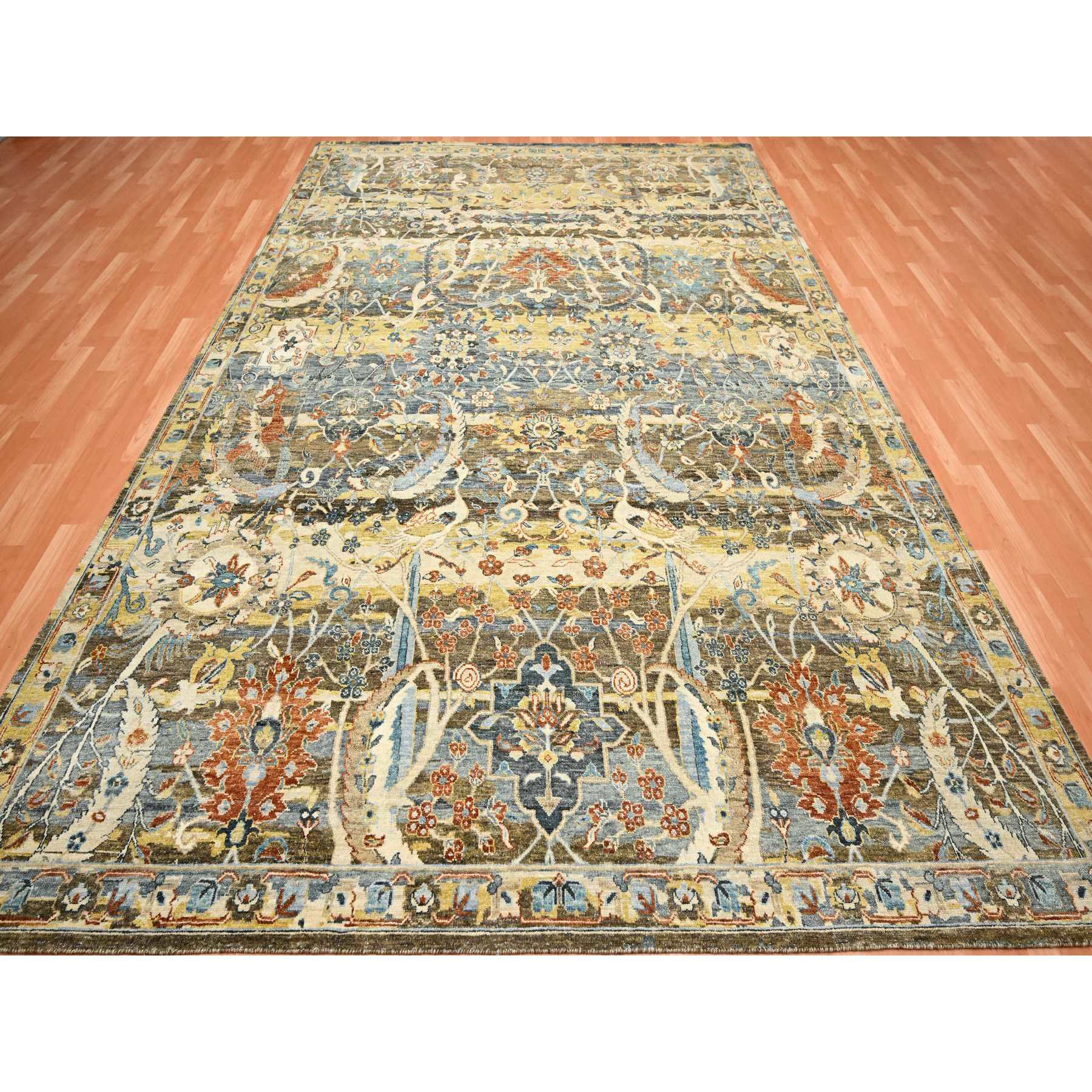 9'1"x12' Chocolate Brown with Yellow, Abrash Persian Design, 100% Pure Wool, Zero Pile, Shaved Low, Hand Knotted Oriental Rug HR75489 - Image 2