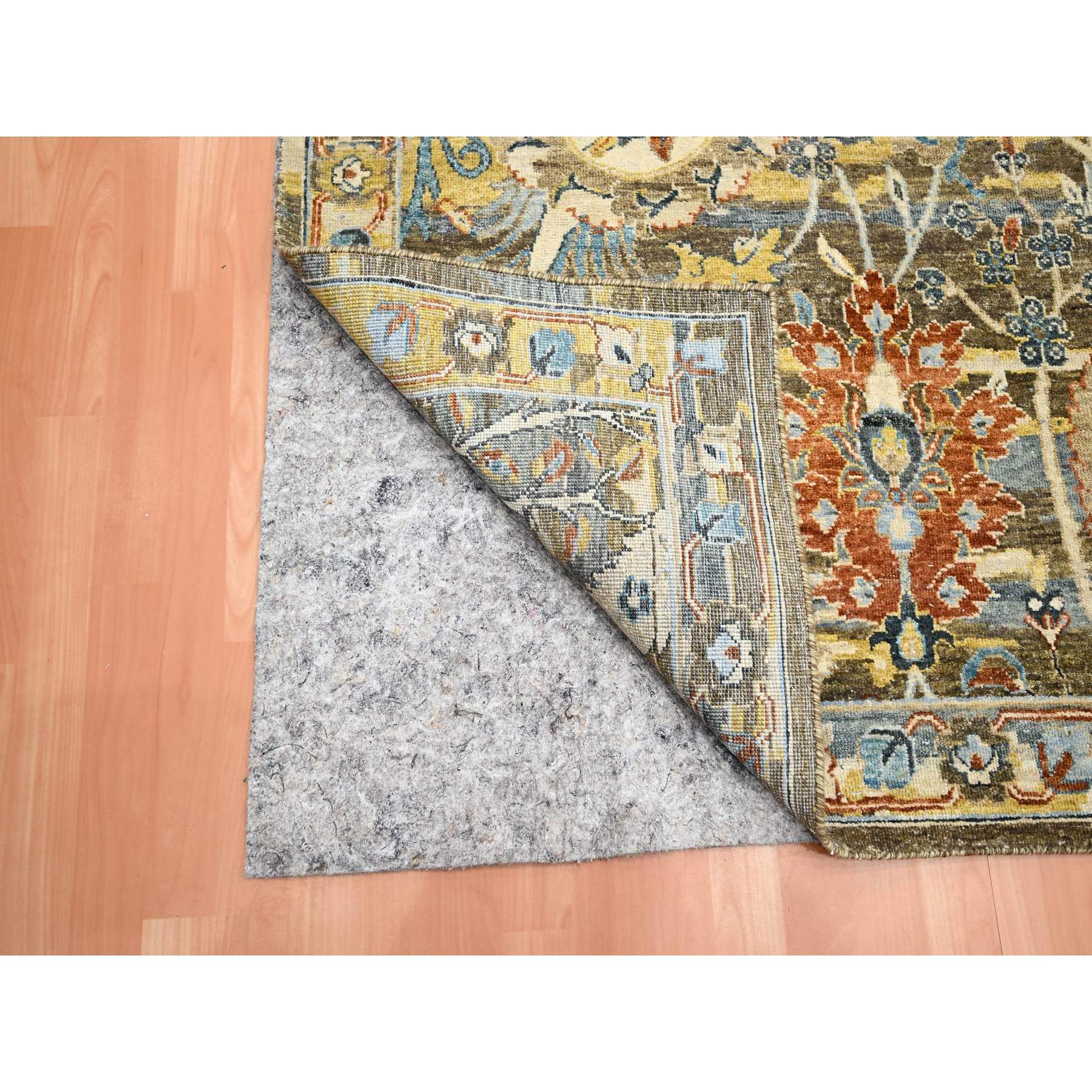 9'1"x12' Chocolate Brown with Yellow, Abrash Persian Design, 100% Pure Wool, Zero Pile, Shaved Low, Hand Knotted Oriental Rug HR75489 - Image 4