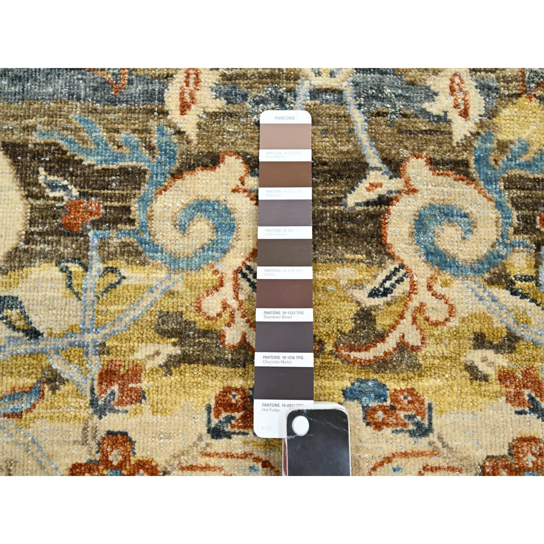 9'1"x12' Chocolate Brown with Yellow, Abrash Persian Design, 100% Pure Wool, Zero Pile, Shaved Low, Hand Knotted Oriental Rug HR75489 - Image 7