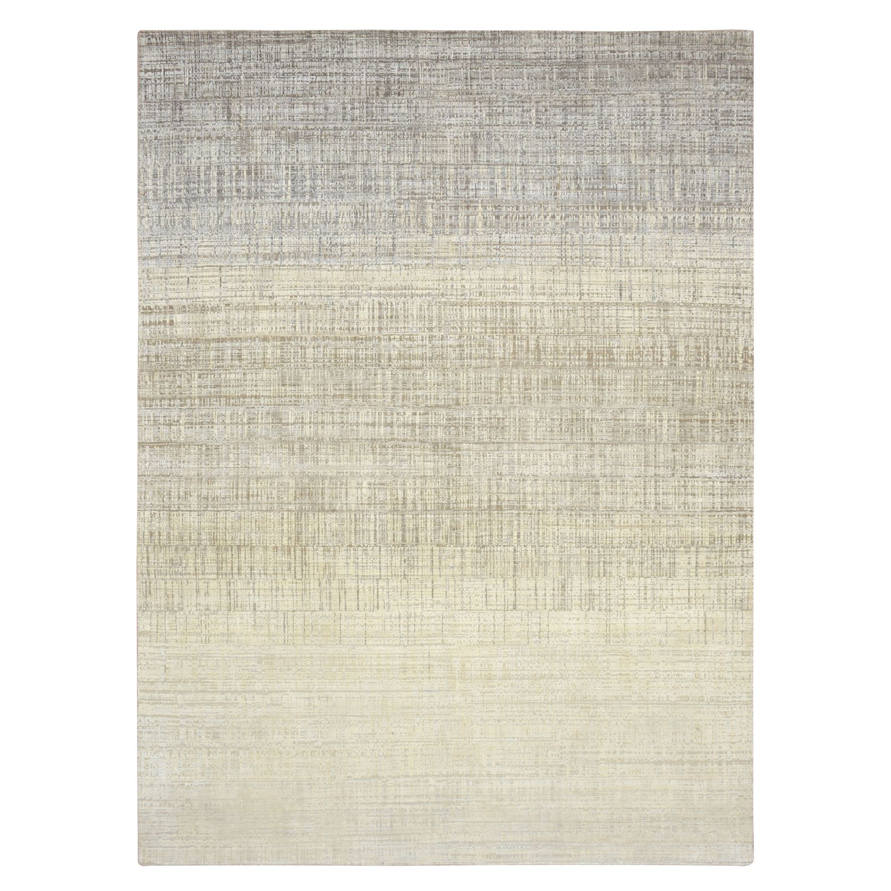 9'x12'4" Shades of Ivory, Gradation Design, Modern, Textured Wool & Pure Silk, Hand Knotted, Oriental Rug HR75505