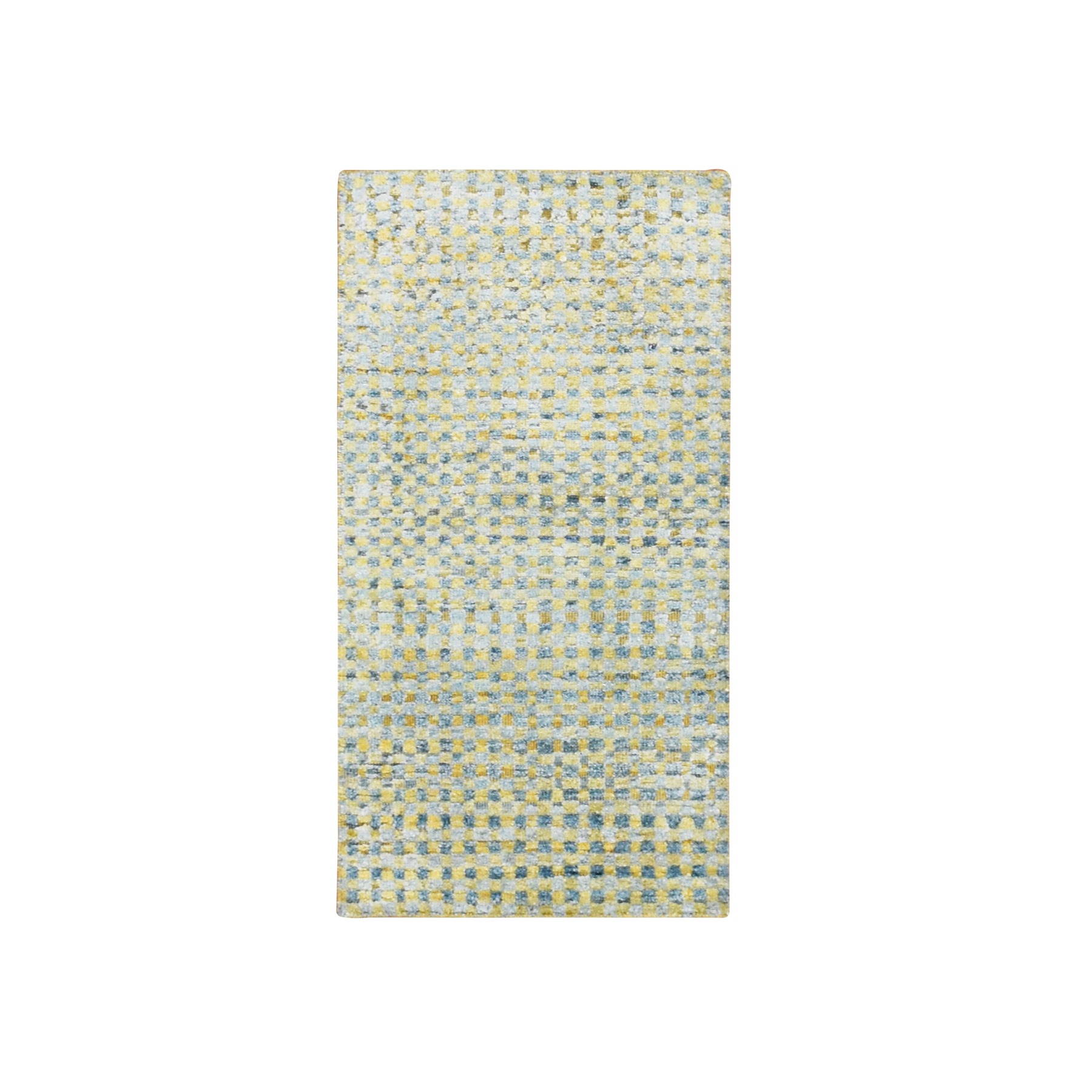 2'x4' Lemon Yellow, Sample, Modern, Mid Century Inspired Grid and Line Design, Wool & Pure Silk, Hand Knotted Oriental Rug HR75510