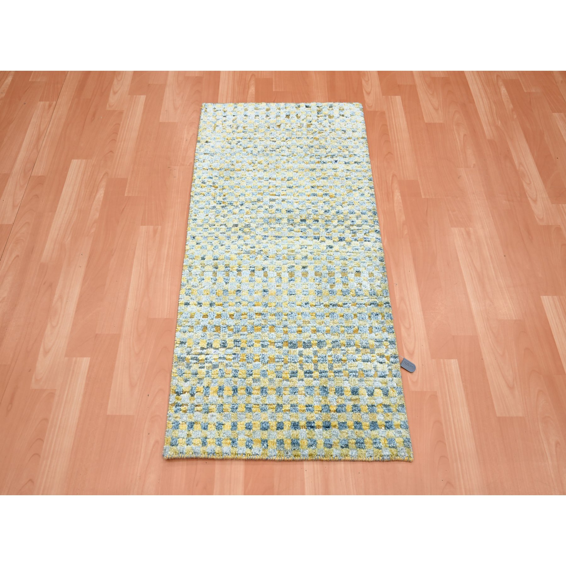 2'x4' Lemon Yellow, Sample, Modern, Mid Century Inspired Grid and Line Design, Wool & Pure Silk, Hand Knotted Oriental Rug HR75510 - Image 2