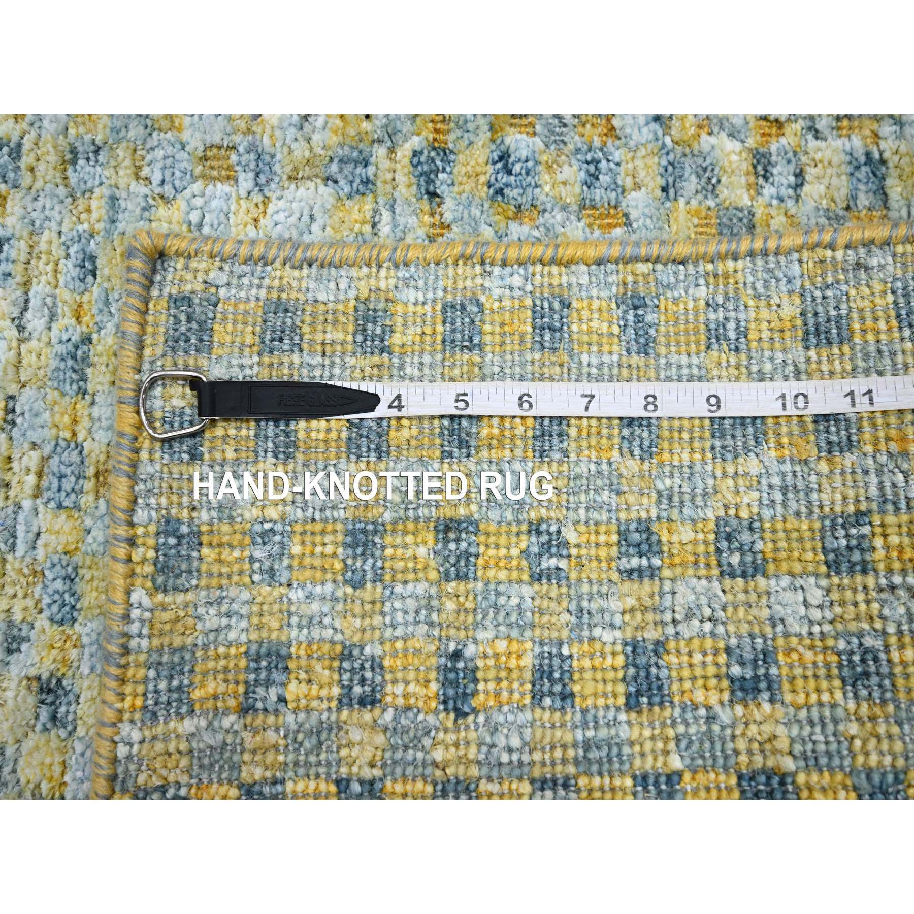 2'x4' Lemon Yellow, Sample, Modern, Mid Century Inspired Grid and Line Design, Wool & Pure Silk, Hand Knotted Oriental Rug HR75510 - Image 4