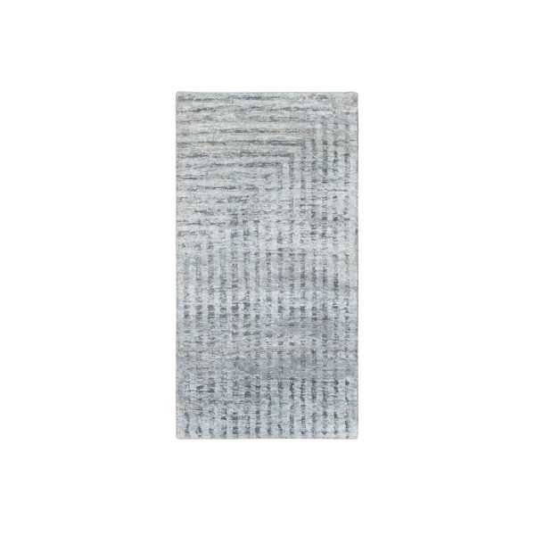 2'x4' Misty Gray, Modern, Mid Century Inspired Grid and Line Design, Wool & Pure Silk, Hand Knotted, Mat, Oriental Rug HR75511