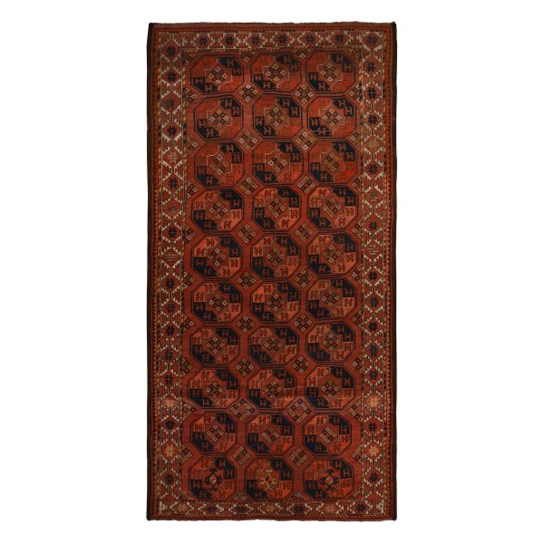 6'3"x13'3" Rust Red, Antique Afghan Ersari with Elephant Feet Design, Clean, Low Even Pile, Gallery Size, 100% Wool, Hand Knotted, Oriental Rug HR78304