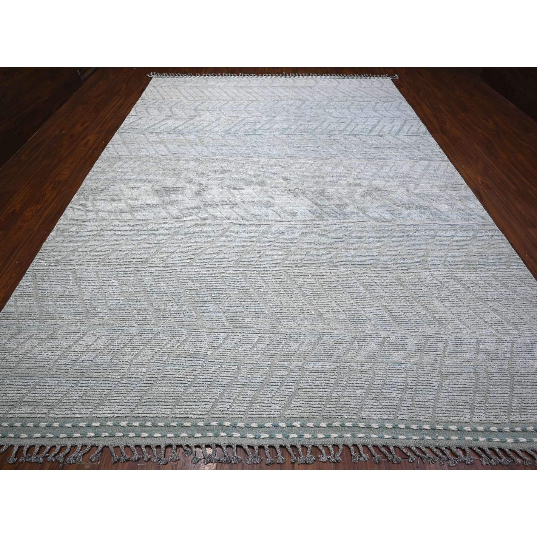 10'x14' Powder Blue, Zig Zag Design Oulad Bousbaa Leaf Influence, Moroccan Weave, 100% Wool, Hand Knotted, Wool On Wool Oriental Rug HR89168 - Image 2