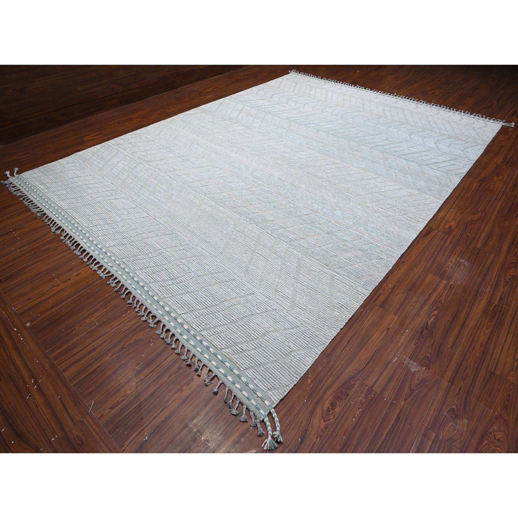 10'x14' Powder Blue, Zig Zag Design Oulad Bousbaa Leaf Influence, Moroccan Weave, 100% Wool, Hand Knotted, Wool On Wool Oriental Rug HR89168 - Image 3
