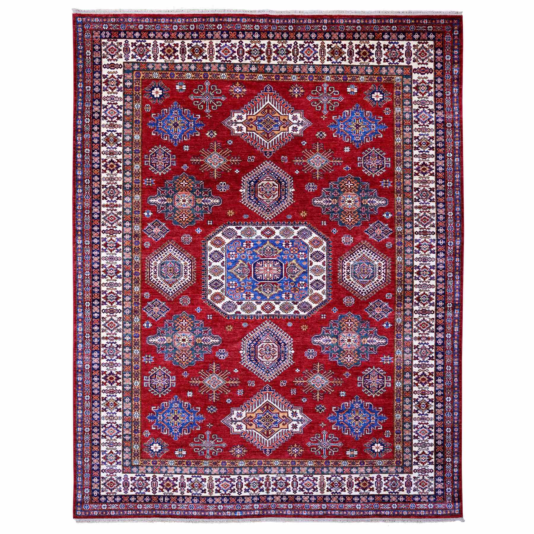 9'1"x11'9" Crimson Red, Afghan Super Kazak with Geometric Medallions Design, Hand Knotted, Pure Wool, Vegetable Dyes, Oriental Rug HR89327