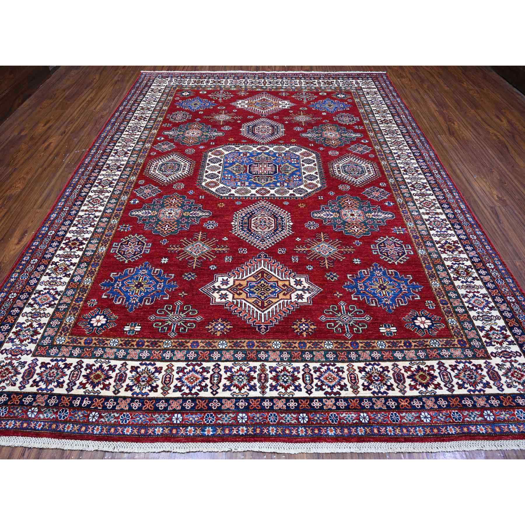 9'1"x11'9" Crimson Red, Afghan Super Kazak with Geometric Medallions Design, Hand Knotted, Pure Wool, Vegetable Dyes, Oriental Rug HR89327 - Image 2