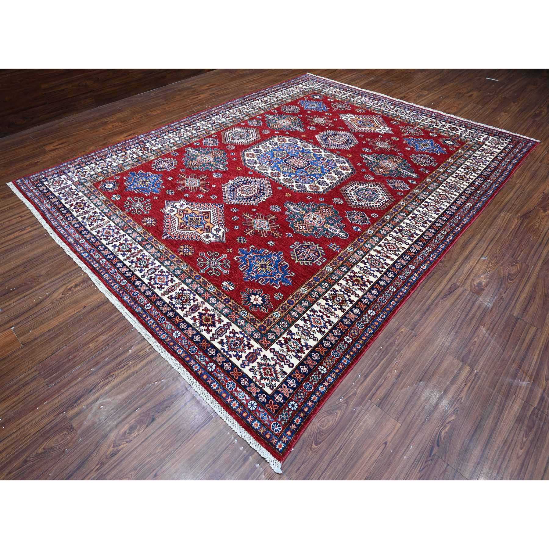 9'1"x11'9" Crimson Red, Afghan Super Kazak with Geometric Medallions Design, Hand Knotted, Pure Wool, Vegetable Dyes, Oriental Rug HR89327 - Image 3