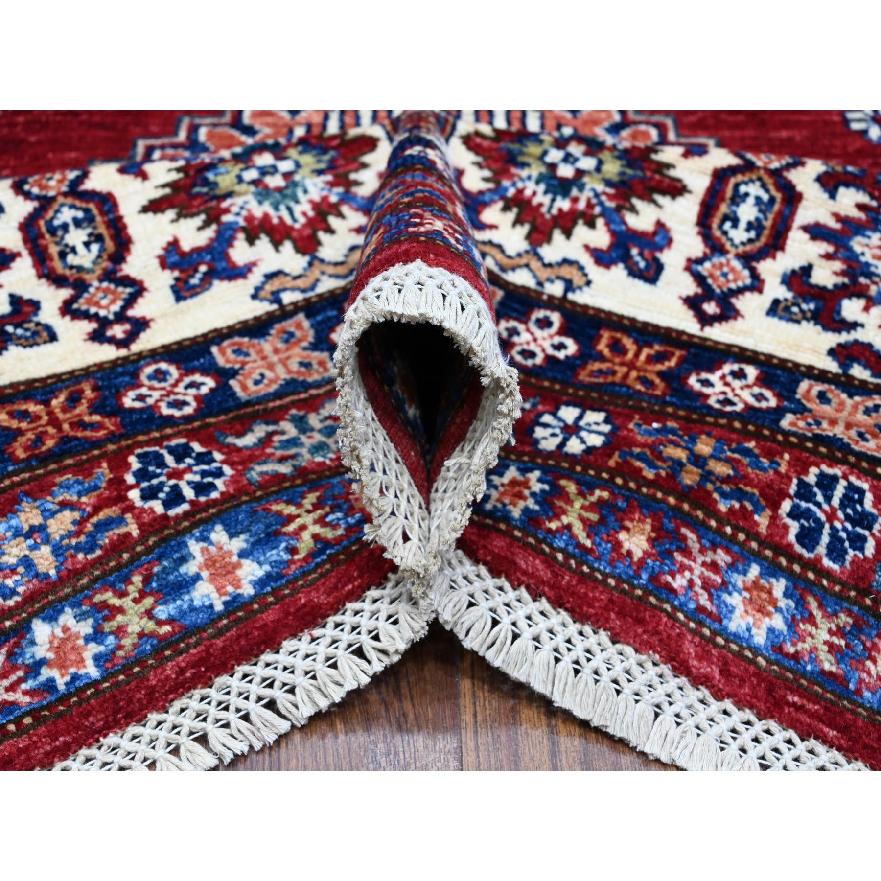9'1"x11'9" Crimson Red, Afghan Super Kazak with Geometric Medallions Design, Hand Knotted, Pure Wool, Vegetable Dyes, Oriental Rug HR89327 - Image 5