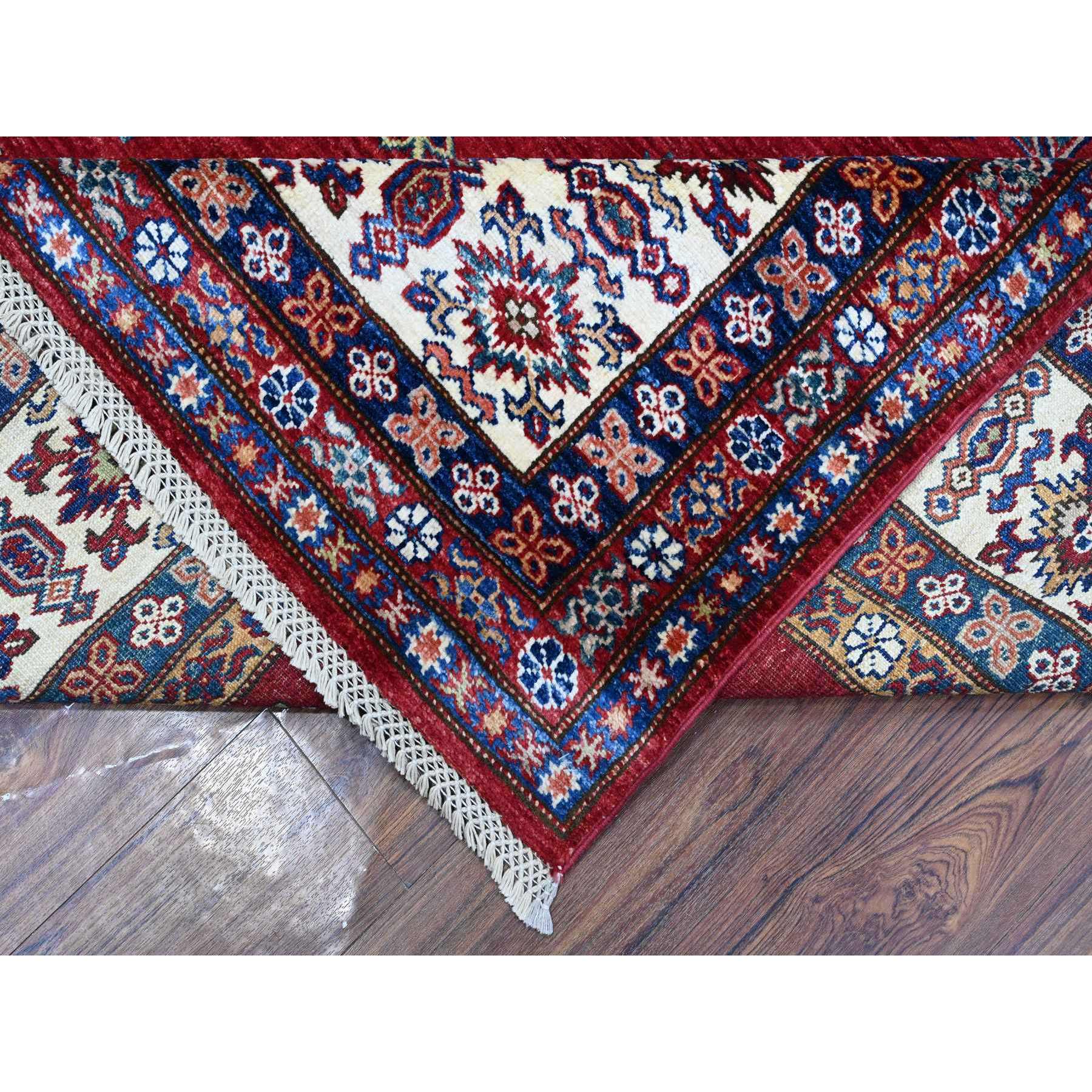 9'1"x11'9" Crimson Red, Afghan Super Kazak with Geometric Medallions Design, Hand Knotted, Pure Wool, Vegetable Dyes, Oriental Rug HR89327 - Image 6
