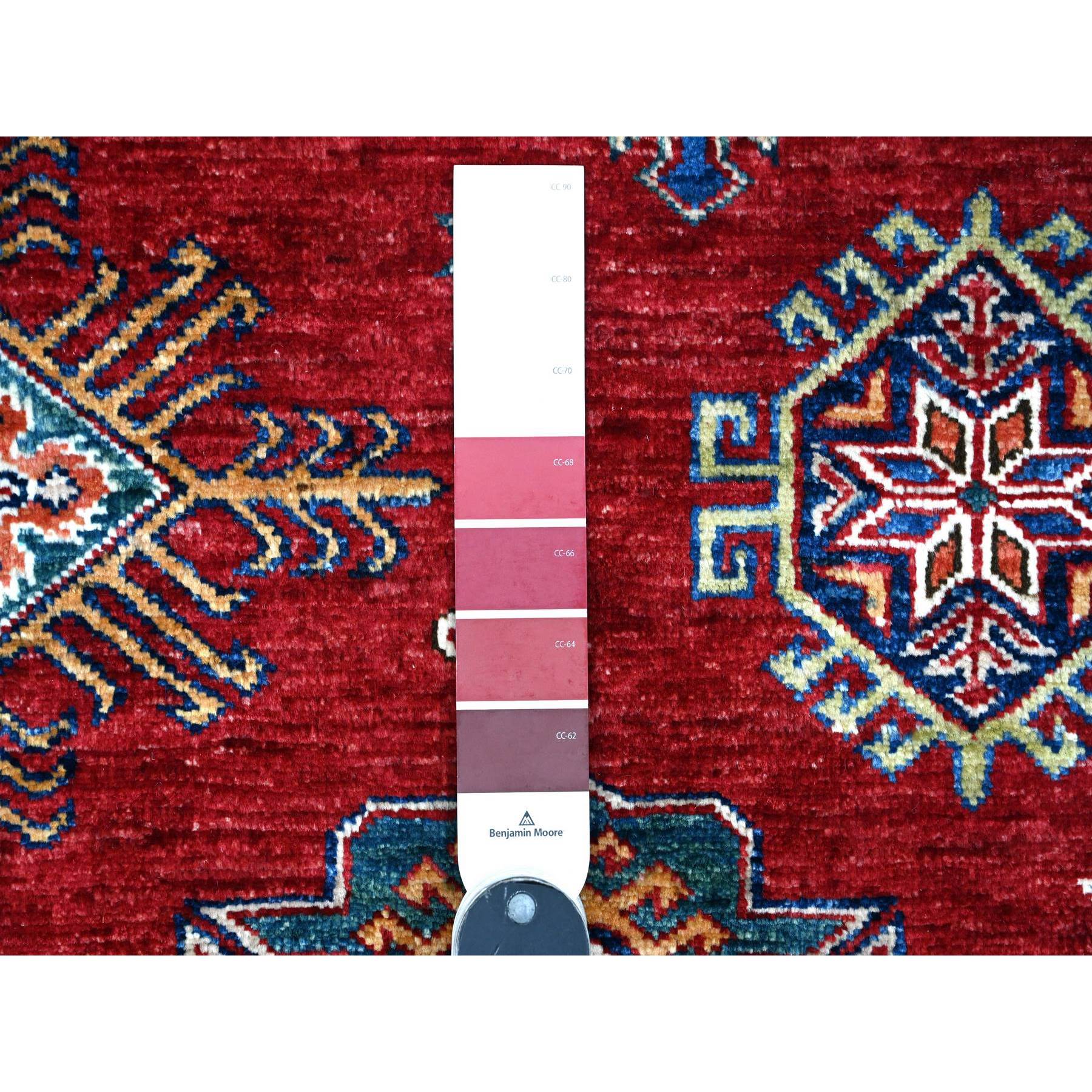 9'1"x11'9" Crimson Red, Afghan Super Kazak with Geometric Medallions Design, Hand Knotted, Pure Wool, Vegetable Dyes, Oriental Rug HR89327 - Image 7