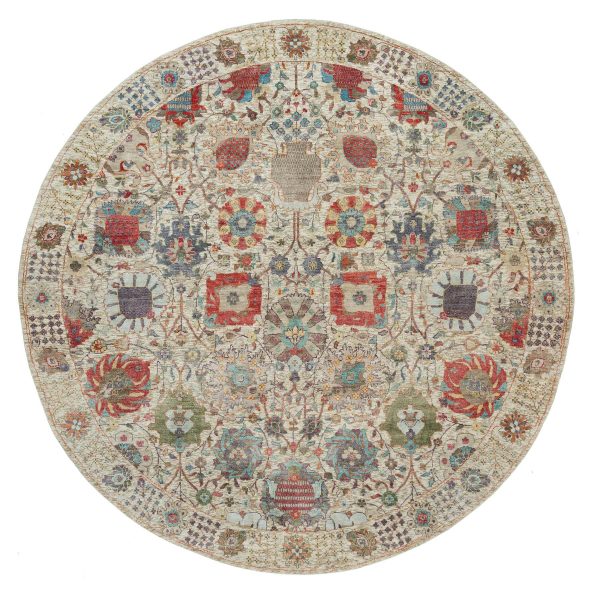 8'x8' Old Lace White, Hand Knotted Silk and Textured Wool, Flower Vase Design Tabriz Oriental Round Rug HR90261