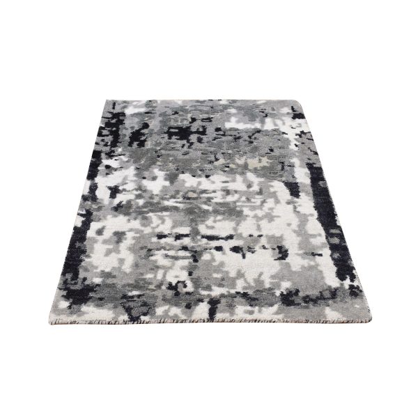 2'1"x3' Sonic Gray, Modern Abstract Design, Hand Knotted, Wool and Silk, Nepali Weave, Sample Oriental Rug HR78100