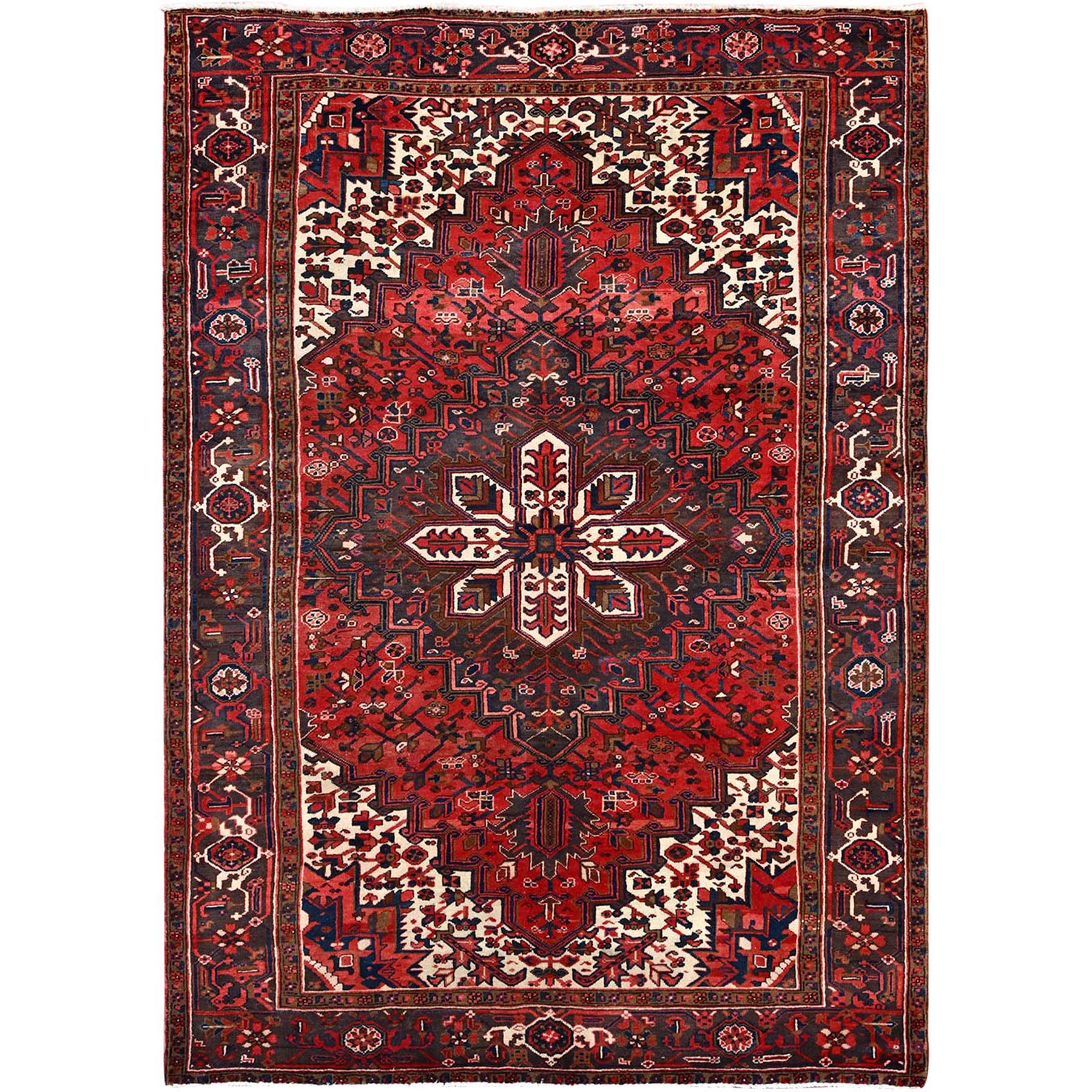 6'8"x9'5" Harvest Apple Red, Abrash, Lustrous Wool Hand Knotted, Vintage Persian Heriz, Good Condition, Sides and Ends Professionally Secured, Cleaned, Oriental Rug HR86153