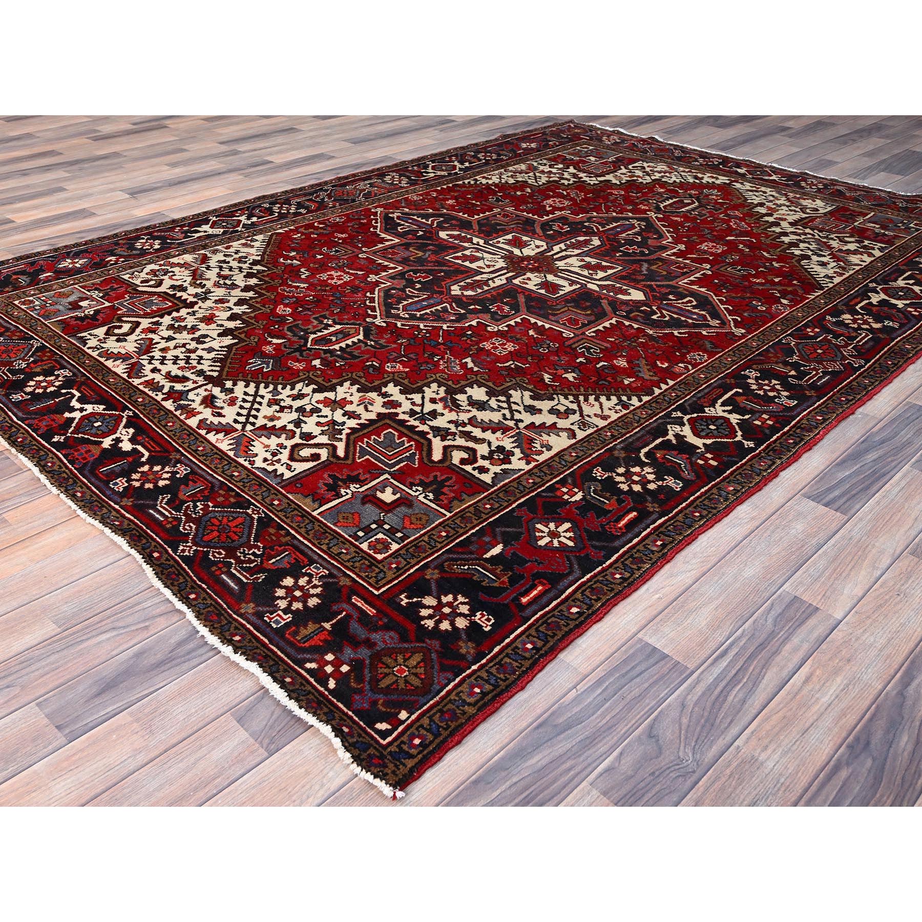 6'8"x9'5" Harvest Apple Red, Abrash, Lustrous Wool Hand Knotted, Vintage Persian Heriz, Good Condition, Sides and Ends Professionally Secured, Cleaned, Oriental Rug HR86153 - Image 3