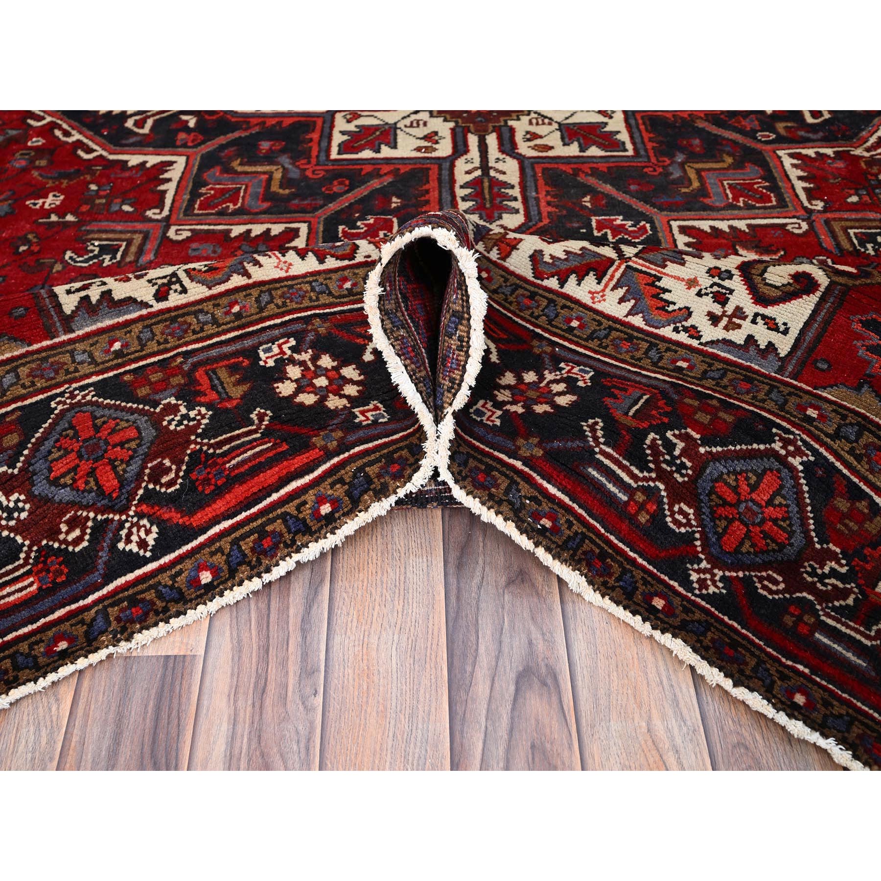 6'8"x9'5" Harvest Apple Red, Abrash, Lustrous Wool Hand Knotted, Vintage Persian Heriz, Good Condition, Sides and Ends Professionally Secured, Cleaned, Oriental Rug HR86153 - Image 5