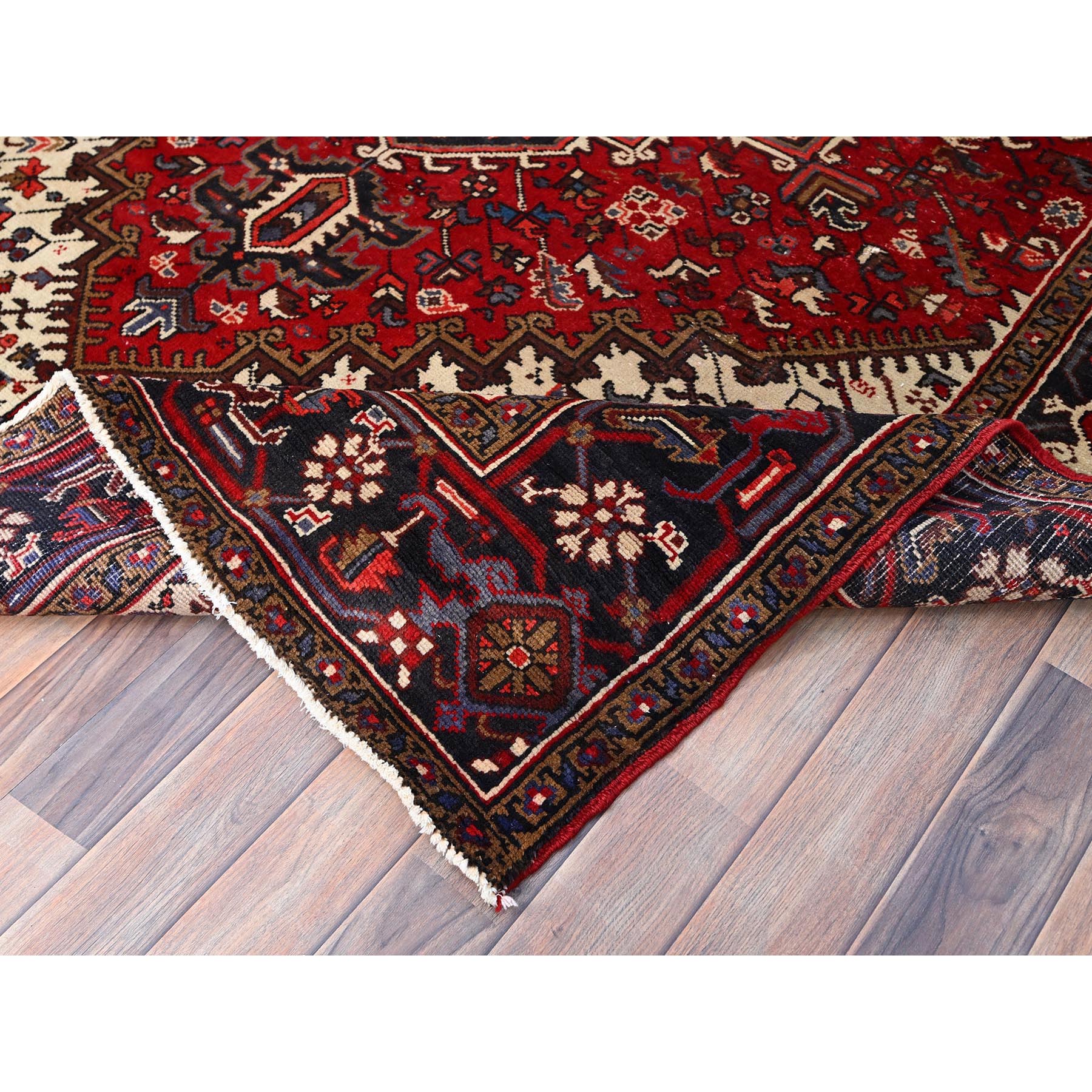 6'8"x9'5" Harvest Apple Red, Abrash, Lustrous Wool Hand Knotted, Vintage Persian Heriz, Good Condition, Sides and Ends Professionally Secured, Cleaned, Oriental Rug HR86153 - Image 6