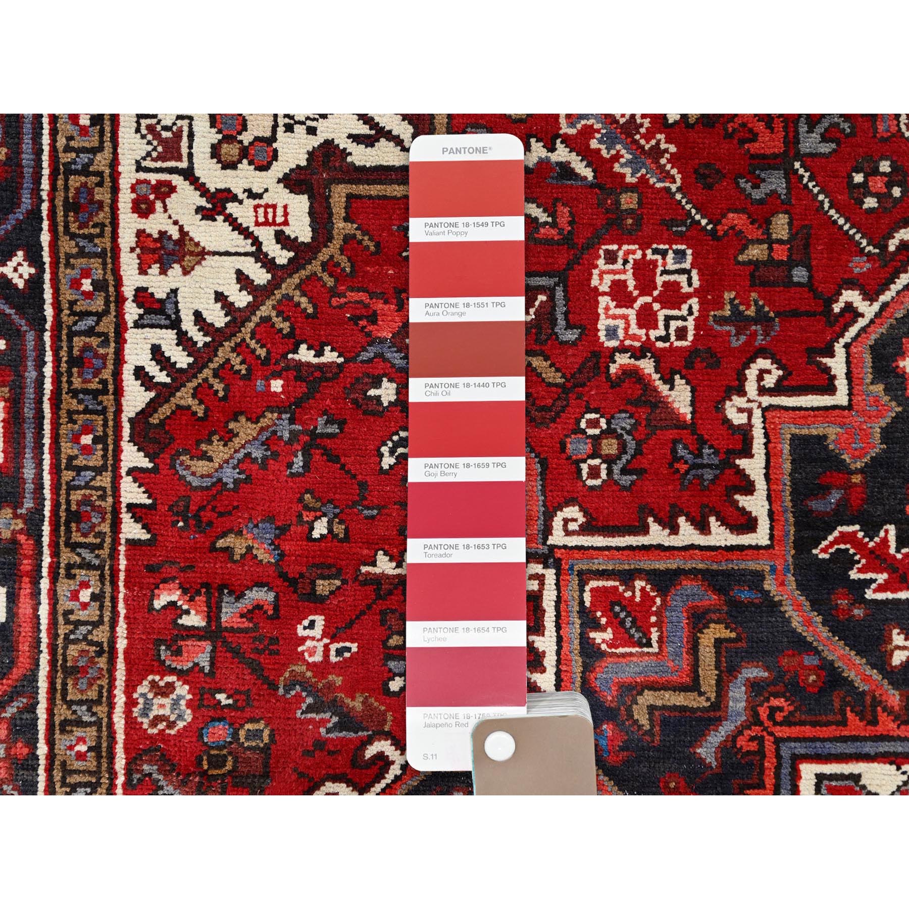 6'8"x9'5" Harvest Apple Red, Abrash, Lustrous Wool Hand Knotted, Vintage Persian Heriz, Good Condition, Sides and Ends Professionally Secured, Cleaned, Oriental Rug HR86153 - Image 7