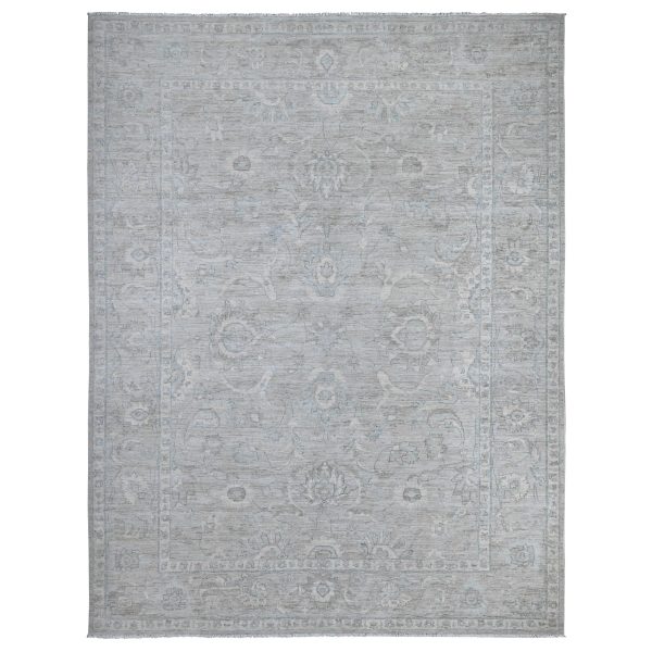 10'x13' Pewter Gray, Hand Knotted, Natural Dyes, White Wash Fine Peshawar With Floral Design, Soft To The Touch, Velvety Wool, Oriental Rug HR88743