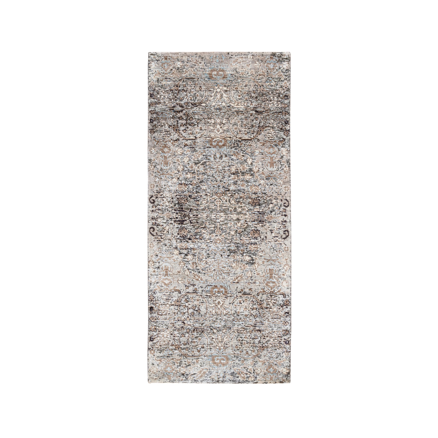 2'6"x6' Gray, Modern, Transitional Persian Influence Erased Medallion Design, Silk with Textured Wool, Hand Knotted, Oriental, Runner Rug HR63711