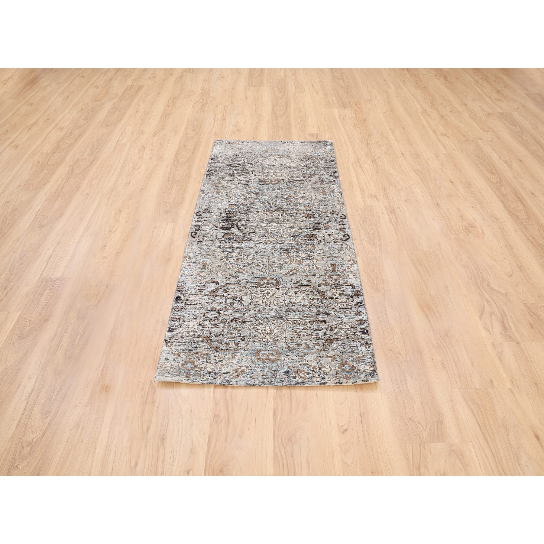 2'6"x6' Gray, Modern, Transitional Persian Influence Erased Medallion Design, Silk with Textured Wool, Hand Knotted, Oriental, Runner Rug HR63711 - Image 2